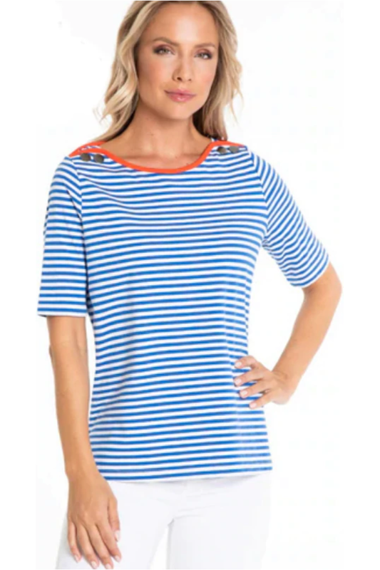 Multiples - Elbow Sleeve Boat Neck Top - ElcBlu - M22204TM